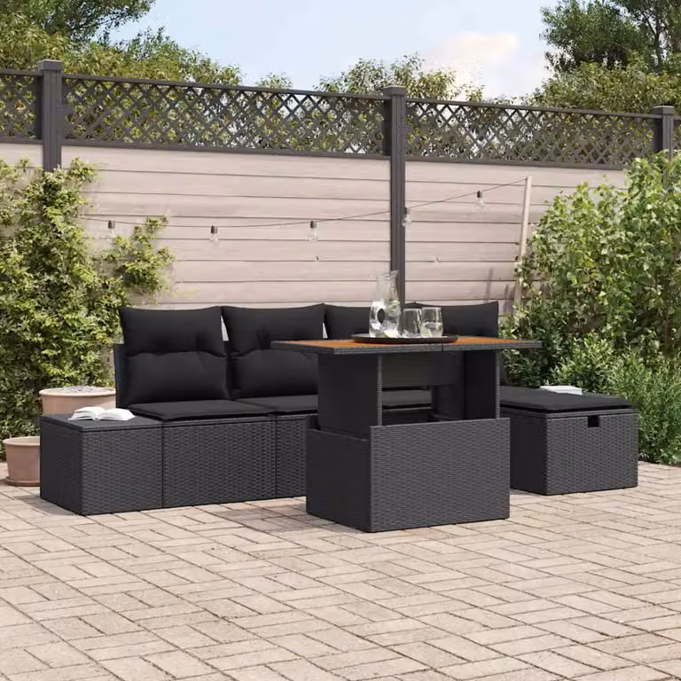 Set Divano da Giardino Moderno vidaXL in Polyrattan e Legno di Acacia, 6 Pezzi, Nero Opaco