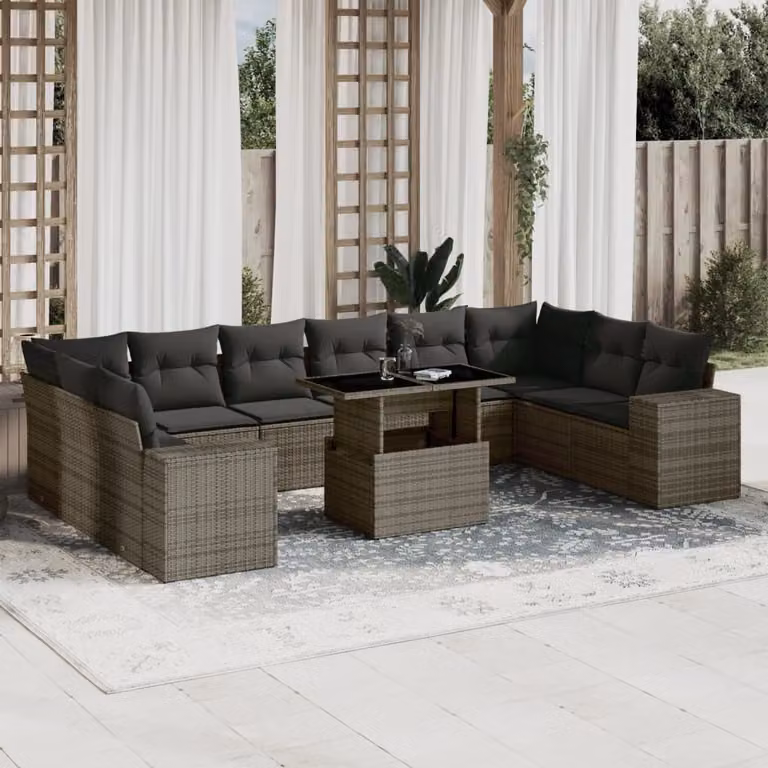 vidaXL Set Divani da Giardino 11 pz in Polyrattan Grigio con Cuscini e Tavolino