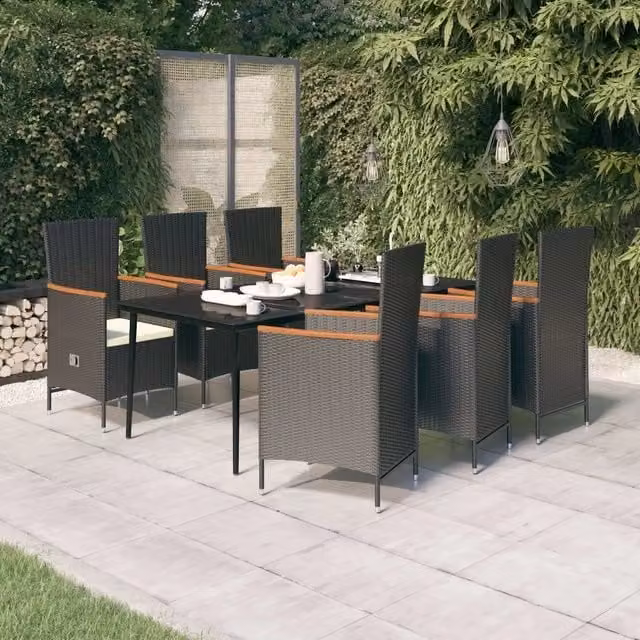 Set da pranzo da giardino vidaXL in polyrattan con tavolo in vetro e 7 sedie con cuscini, Bianco e Nero – 1