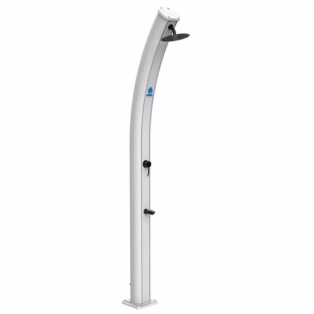 Doccia Solare SINED Dafne in Alluminio Bianca con Soffione Rotondo da 20 cm, Rubinetto Lavapiedi e Serbatoio da 35 Litri, Altezza: 226 cm – 2