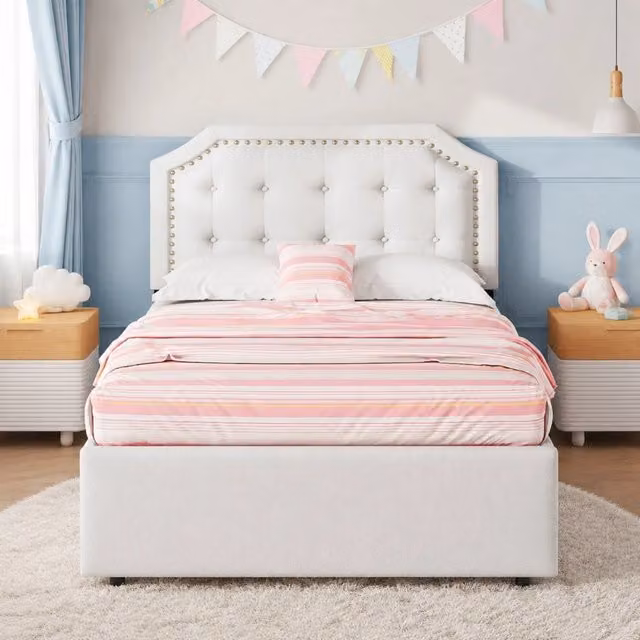 Letto Imbottito REDOM in MDF e Tessuto Beige con 2 Cassetti L/P/H: 90 x 200 cm