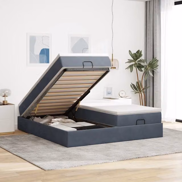 Letto con contenitore a sollevamento vidaXL in velluto grigio e bianco con materasso L/P/H: 200 x 200 x 23,5 cm