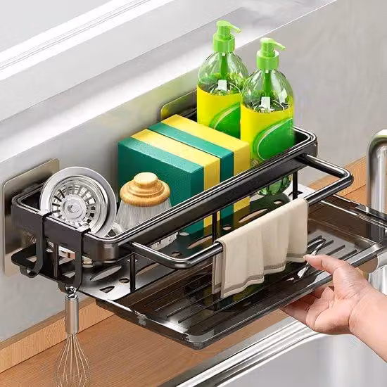 Organizer per lavello da cucina, acciaio inossidabile, nero, con ganci e porta-spugna