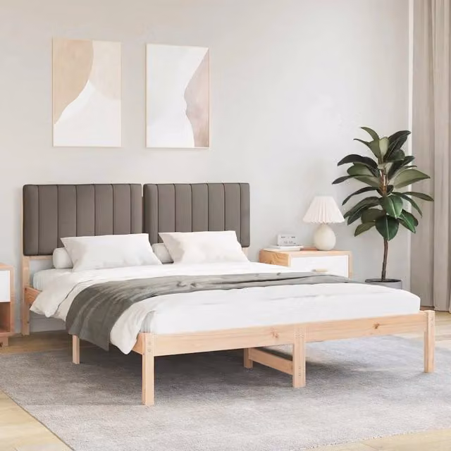 Letto con Testiera Rivestita vidaXL in Legno di Pino e Tessuto, Colore Beige o Grigio, L/P: 150 x 200 cm – 1
