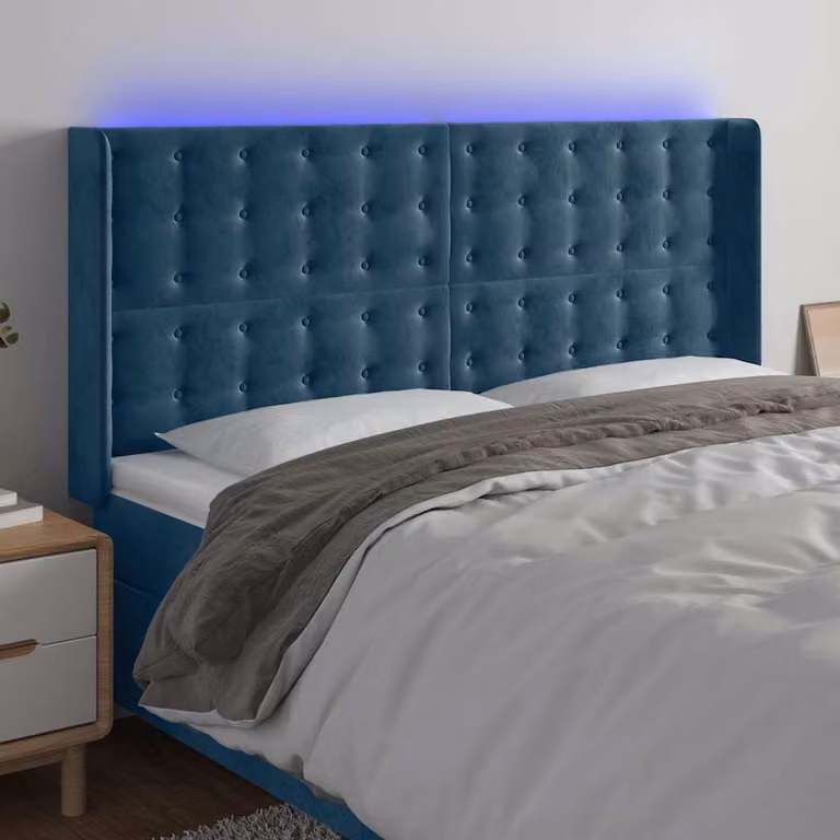 Testiera per letto vidaXL in velluto blu con illuminazione LED integrata e porta di ricarica USB, L: 183 cm, P: 16 cm, H: 118/128 cm