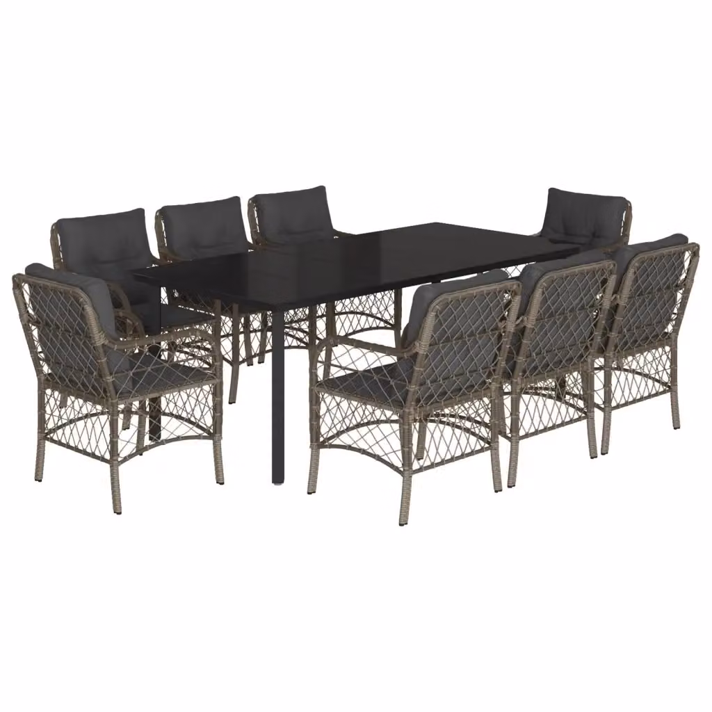Set da pranzo da giardino vidaXL in polyrattan e vetro con 9 pezzi, colore grigio e nero – 2