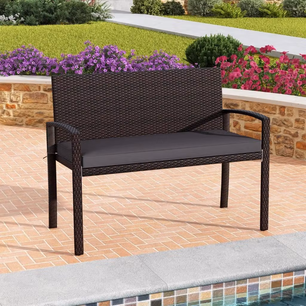 Panchina da esterno Outsunny in rattan e metallo con schienale e braccioli per giardino e terrazzo, 2 posti, Grigio – 2