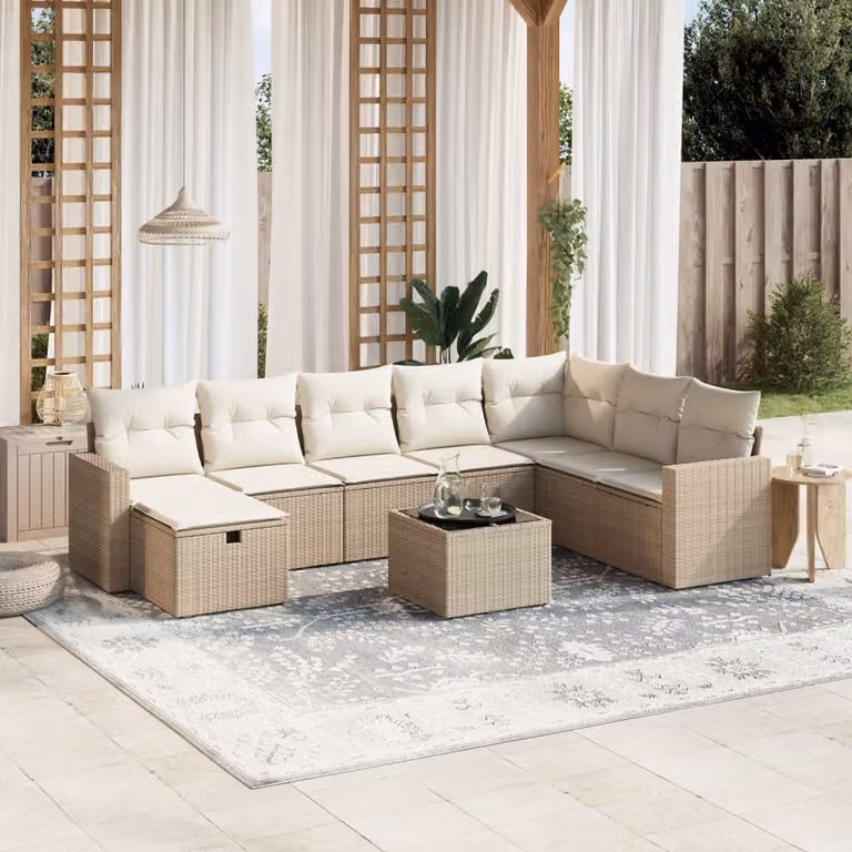 vidaXL Set Divano da Giardino 9 pz a L con Cuscini Beige e Tavolino, Polyrattan e Metallo con Coperture Rimovibili