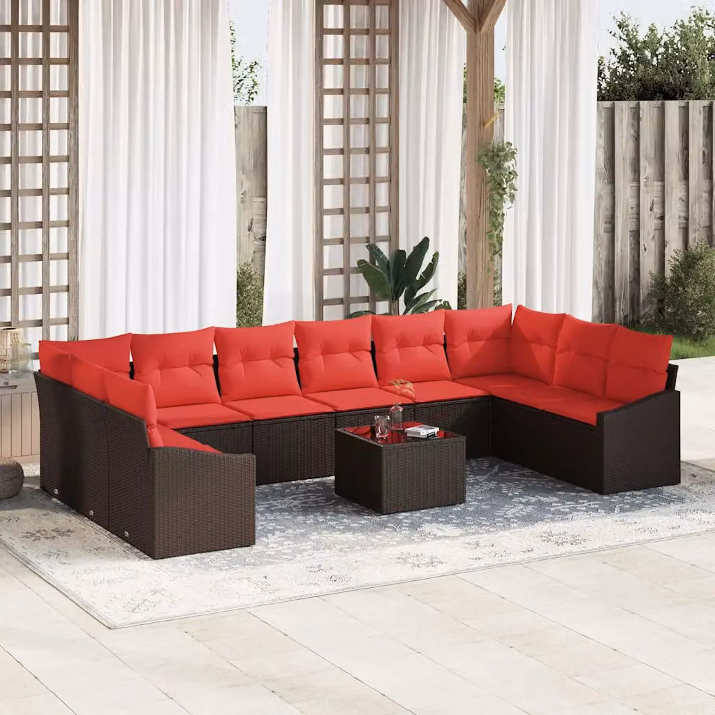Set di divani da giardino vidaXL 11 pezzi a forma di U in polyrattan marrone con cuscini e tavolino da caffè per esterno