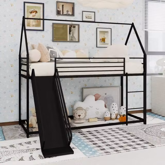 Letto a castello 90 x 190 cm per bambini a forma di casa con scivolo e scale, senza materasso a molle, montaggio facile