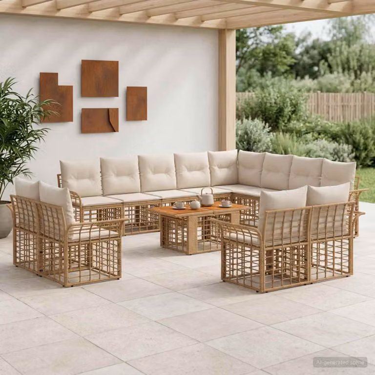 Set Divano da Giardino vidaXL a Forma a L con Tavolino e Cuscini, Polyrattan e Acciaio, Colore Naturale e Bianco Crema