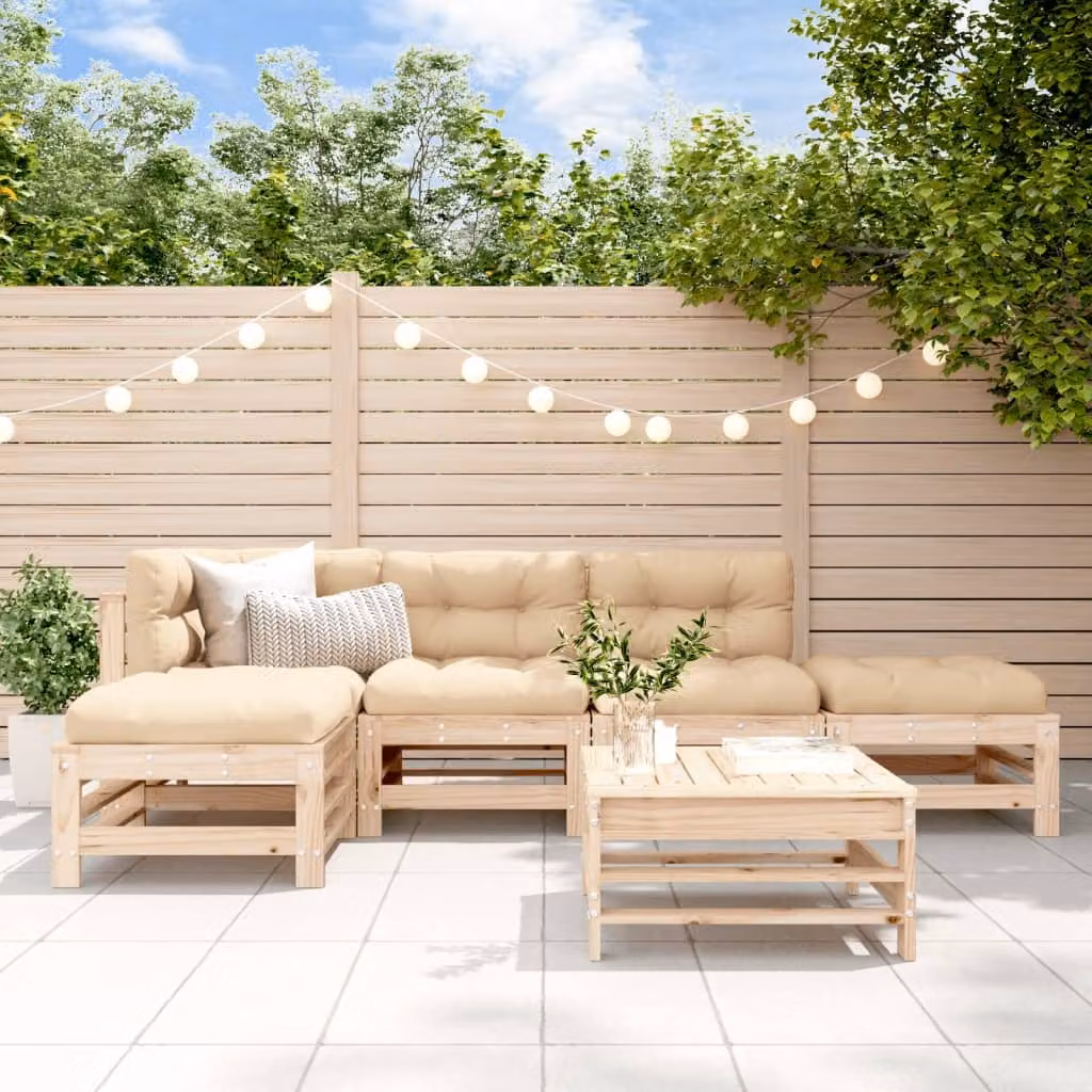 Set Salotto da Giardino vidaXL 6 pz in Legno di Pino Marrone e Beige con Cuscini a Forma di L