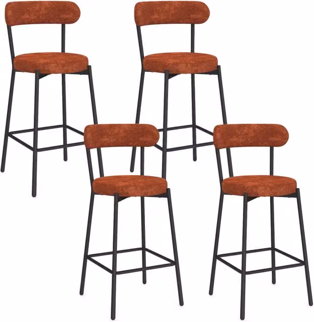 Set di 4 sgabelli da bar MIKI IDMarket con schienale ricurvo in tessuto chenille arancione e gambe in metallo nero
