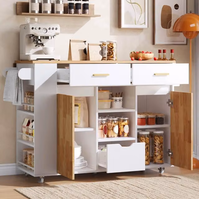 Isola cucina mobile moderna in MDF bianco con piano ribaltabile, 3 cassetti e ripiani, L: 120 cm, P: 45-71 cm, H: 90 cm
