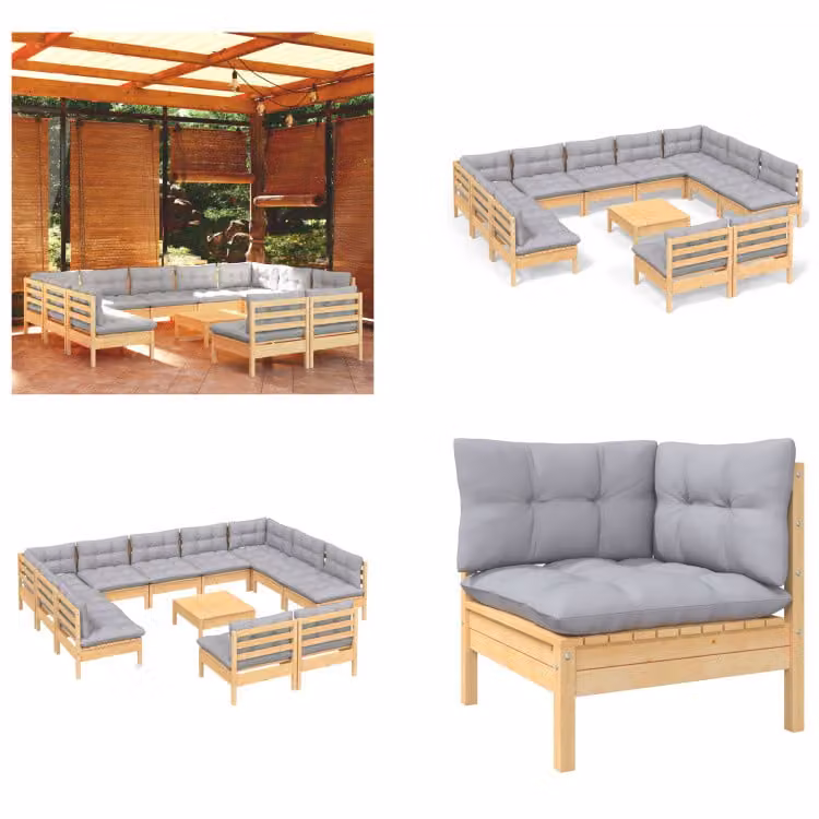vidaXL Set salotto da giardino 12 pezzi con cuscini grigi in pino massiccio - Set salotto da giardino - Set salotto da giardino - Set arredo giardino - Set arredo giardino
