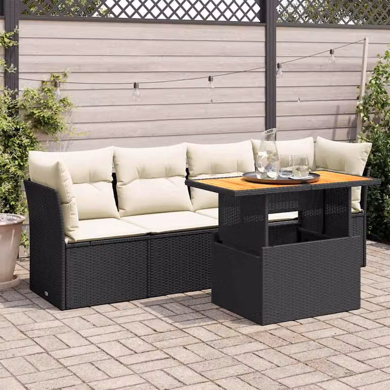 Set da giardino vidaXL in polyrattan nero composto da 5 pezzi con cuscini e tavolino da esterno a forma di L