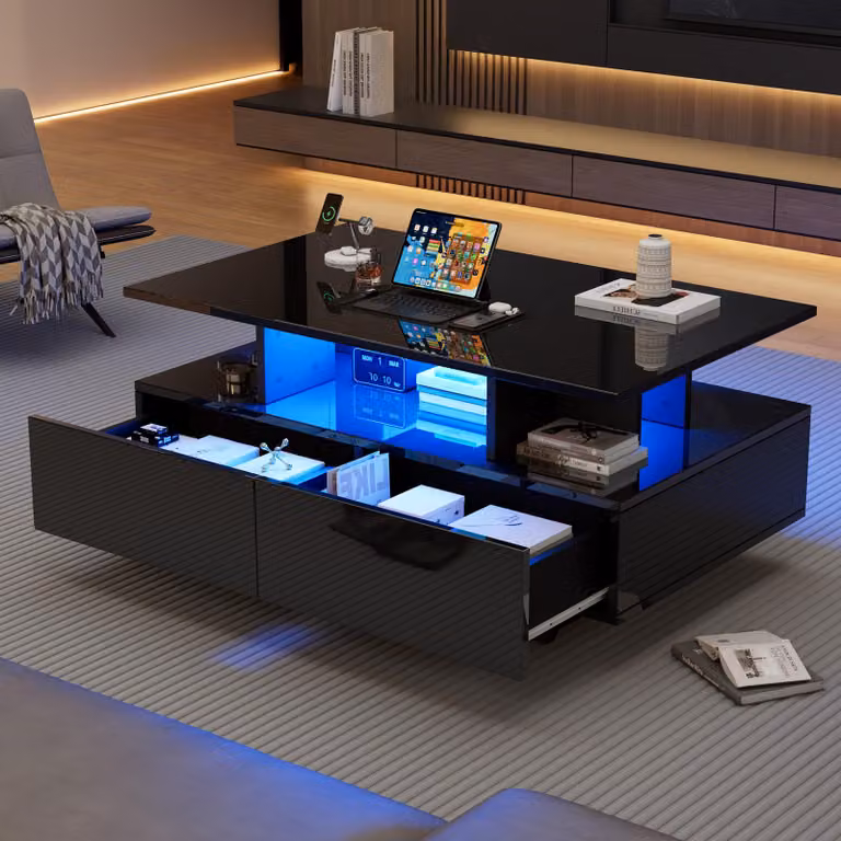 Tavolino Merax lucido con LED 90x55x41 cm, tavolino con 2 cassetti, tavolino da divano con contenitore e telecomando - nero
