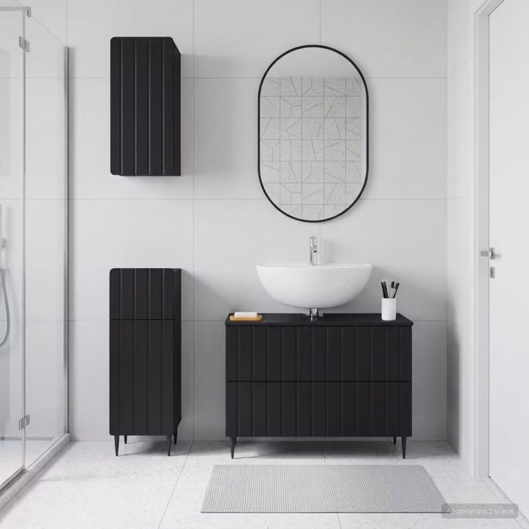 Set di armadietti da bagno vidaXL ZWOLLE in 3 pezzi, design minimalista nero opaco con mobile lavabo e pensili a muro