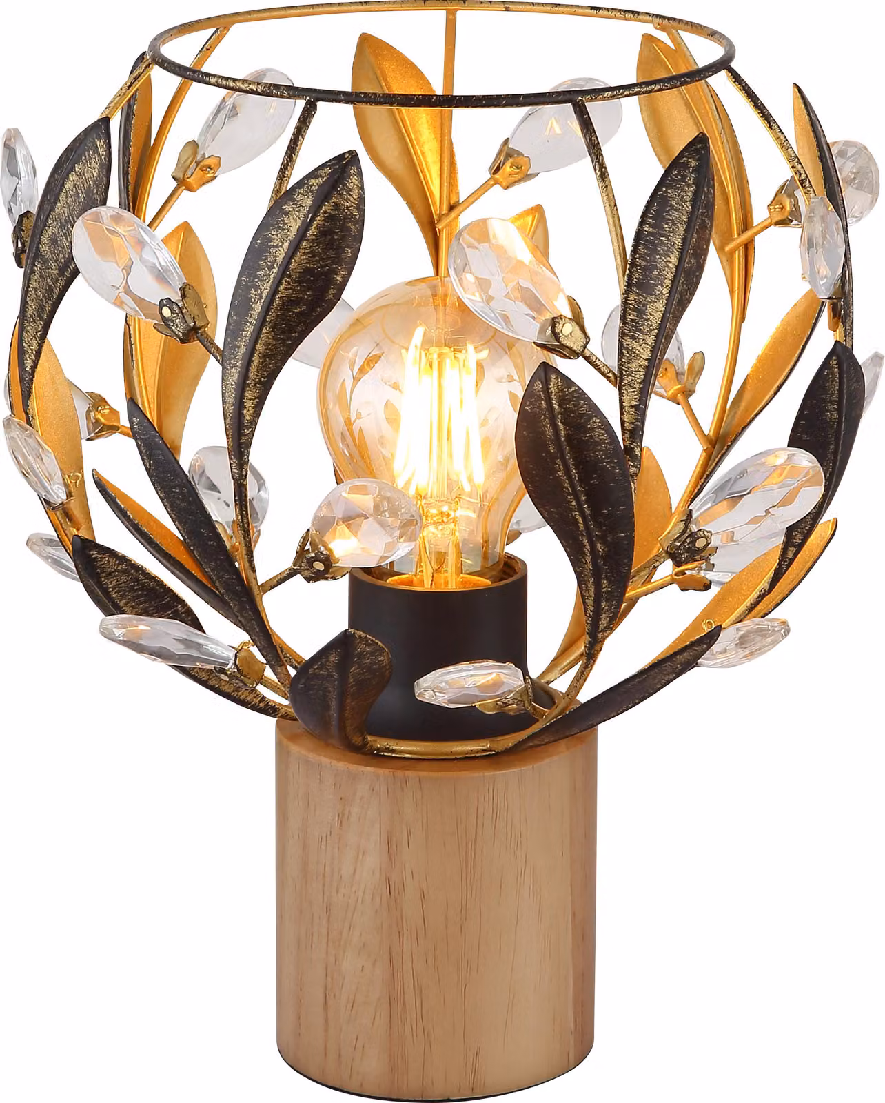 Lampada da tavolo, legno, oro, cristalli, h 25 cm