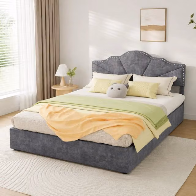 Letto matrimoniale 160 × 200 cm con testiera geometrica in tessuto grigio rete a doghe materasso non incluso