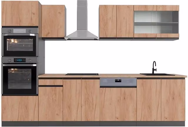 Cucina componibile moderna Vicco R-Line J-Shape in Rovere e Antracite, L: 300 cm, H: 206,8 cm, P: 60 cm