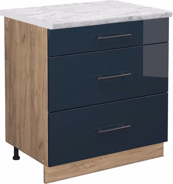 Mobiletto base per cucina Fame-Line Blu scuro lucido/Rovere dorato 80 cm con 3 cassetti, PL Marmo Vicco