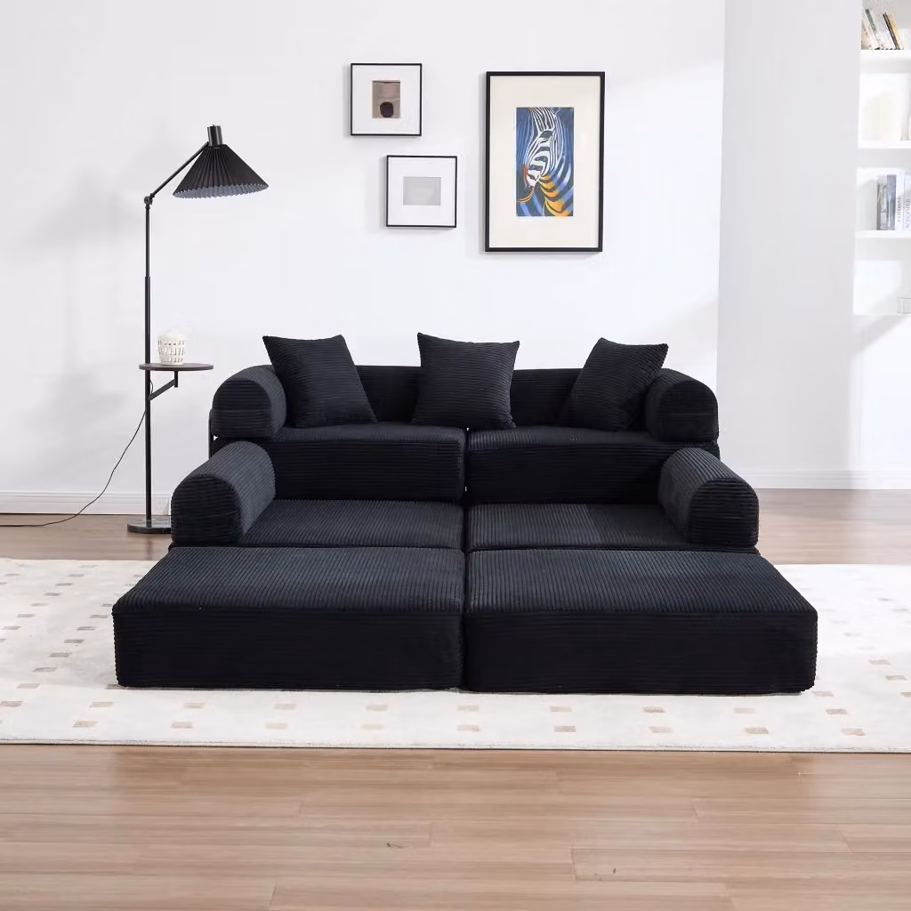 Divano Modulare REDOM a L in Velluto a Coste Nero con Funzione Letto L/P/H: 270 x 180 x 64 cm – 2