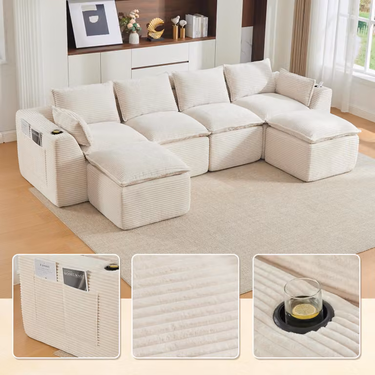 LVHOM XXL Divano modulare a 4 posti, modello Cord, divano ad angolo a forma di "U" con portabicchieri e tasche laterali, divano grande, 322 cm, color beige