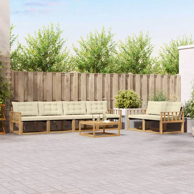 vidaXL Set di divani da esterno a forma di U composto da 7 pezzi con tavolo da caffè, in legno di acacia trattato e tessuto textilene, colore bianco e beige