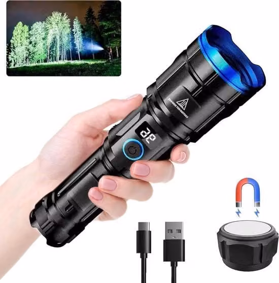 Zaklamp Portatile a LED 10.000 lumen - Lampada tattica estremamente luminosa con funzione di ingrandimento - 7 modalità - IPX6 impermeabile all'acqua - Magnetico - Ideale per campeggiare, escursioni, outdoor, pesca, emergenze