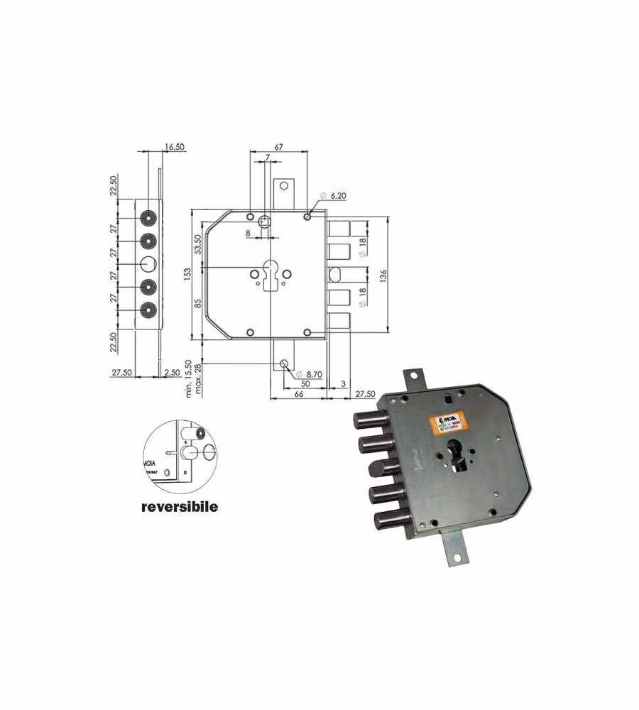 Serratura Sicura Triplice Sx Cilindro E63 Res654/270 Moia