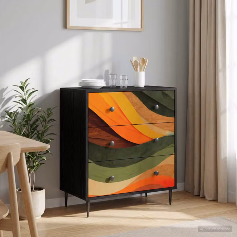 Cassettiera vidaXL BONN con stampa abstract retro wave, multicolore nero, L 66 x P 36,5 x H 76 cm