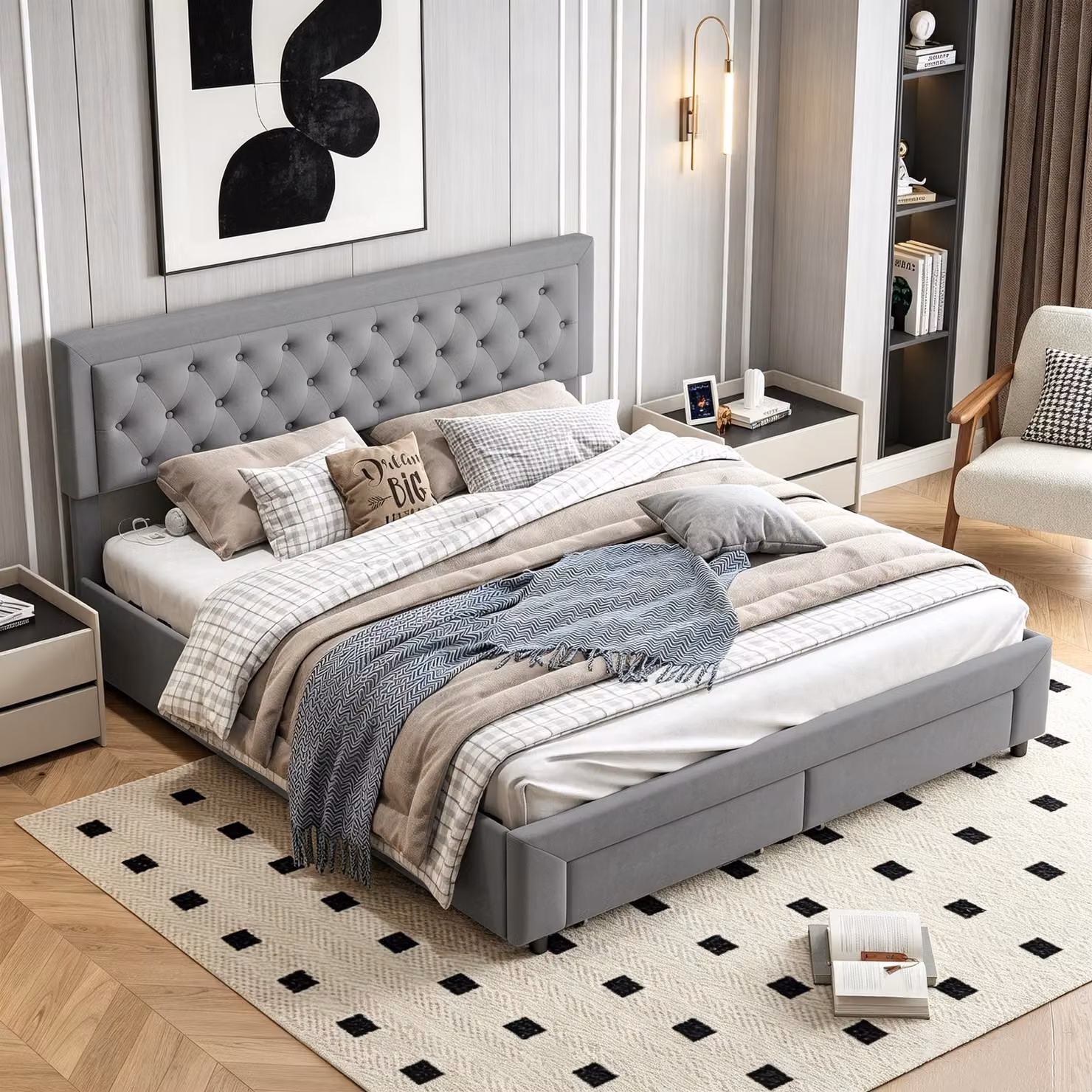 Letto matrimoniale con boxspring INONEFT, 180 x 200 cm, con sistema di sollevamento idraulico, rete a molle e spazio contenitore, rivestito in velluto grigio