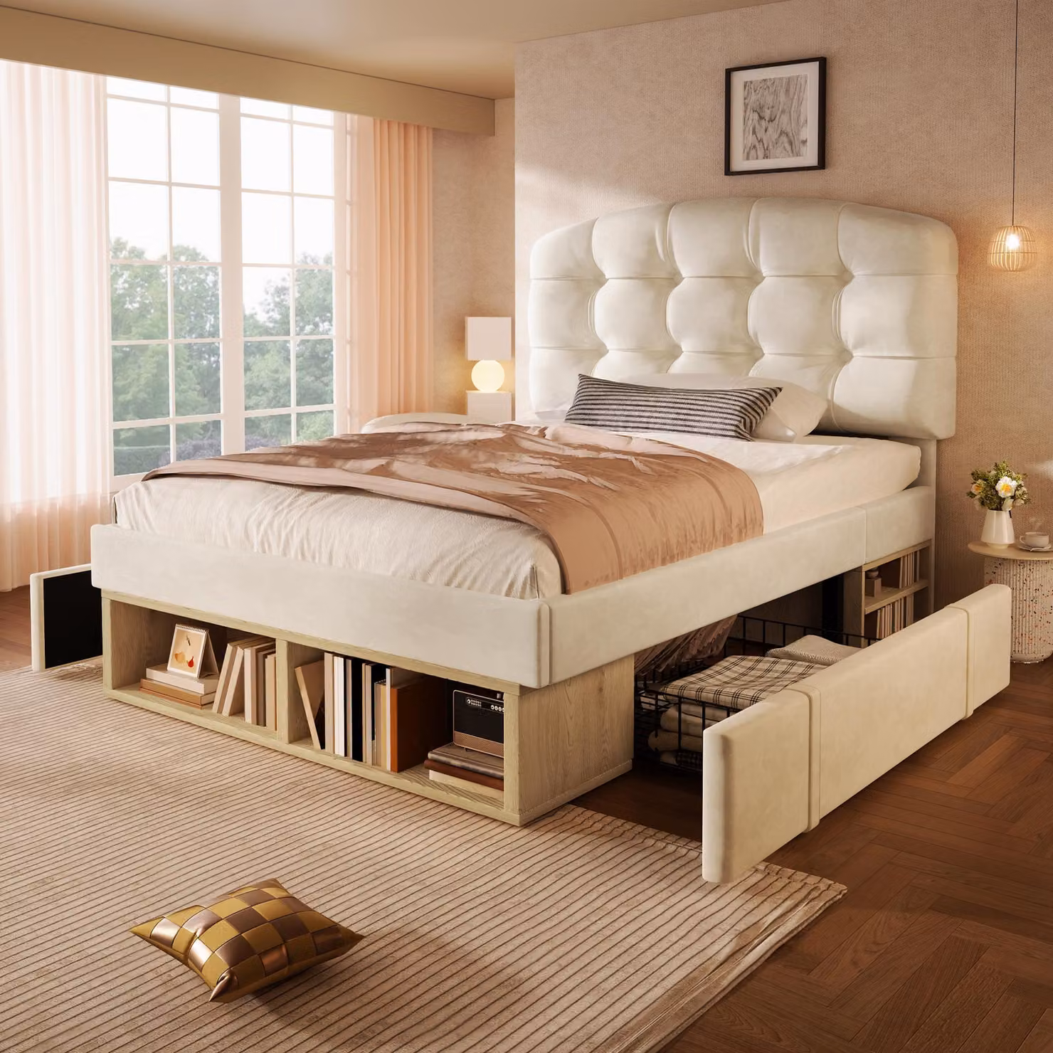Letto singolo 90x200, imbottito in velluto beige, con rete a doghe. Struttura del letto con testiera curva e regolabile in altezza. Letto con cassetti e spazio contenitivo