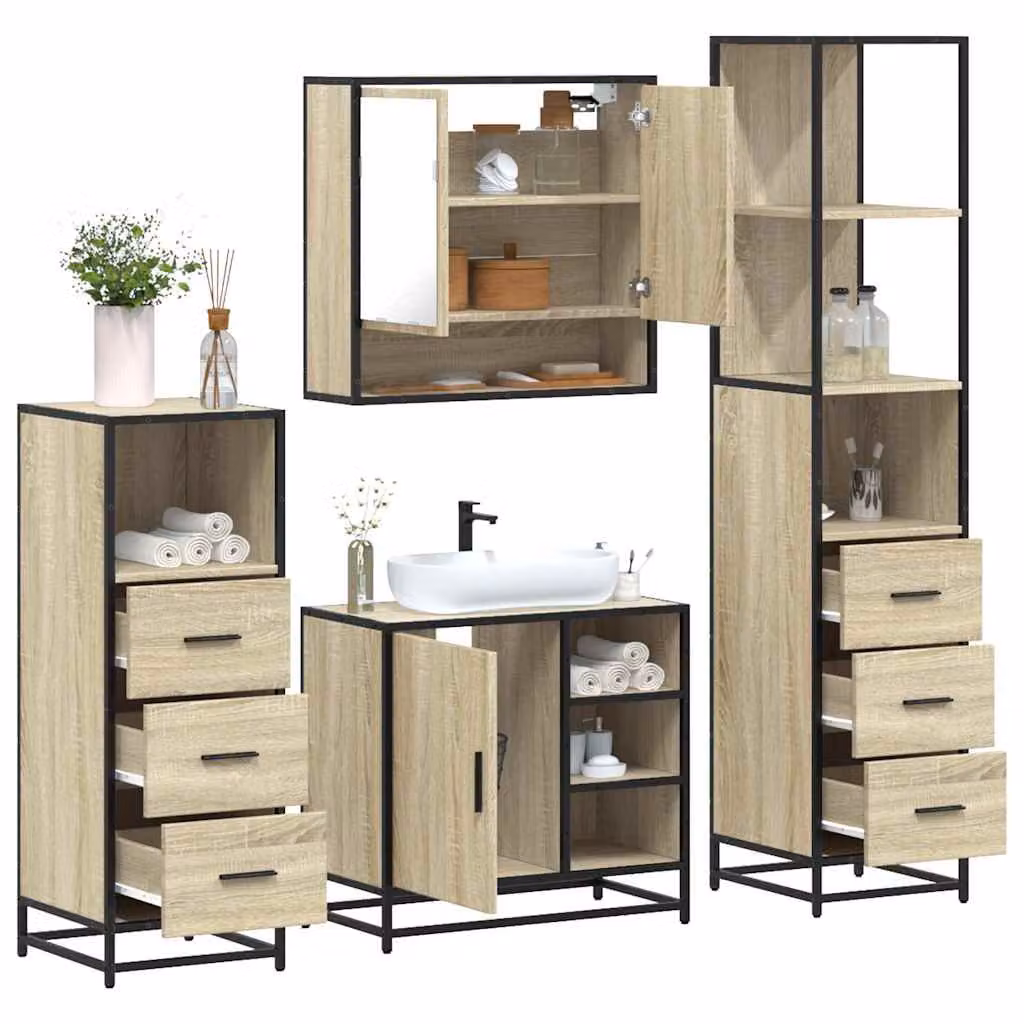 Set di mobili da bagno industrial vidaXL composto da 4 pezzi in legno e metallo marrone con armadietto specchio, mobile lavabo, mobile laterale e colonna alta