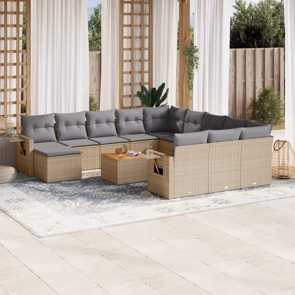 vidaXL Set Divano da Giardino 13 pz in Polyrattan con Cuscini Beige e Grigio per Esterno – 1