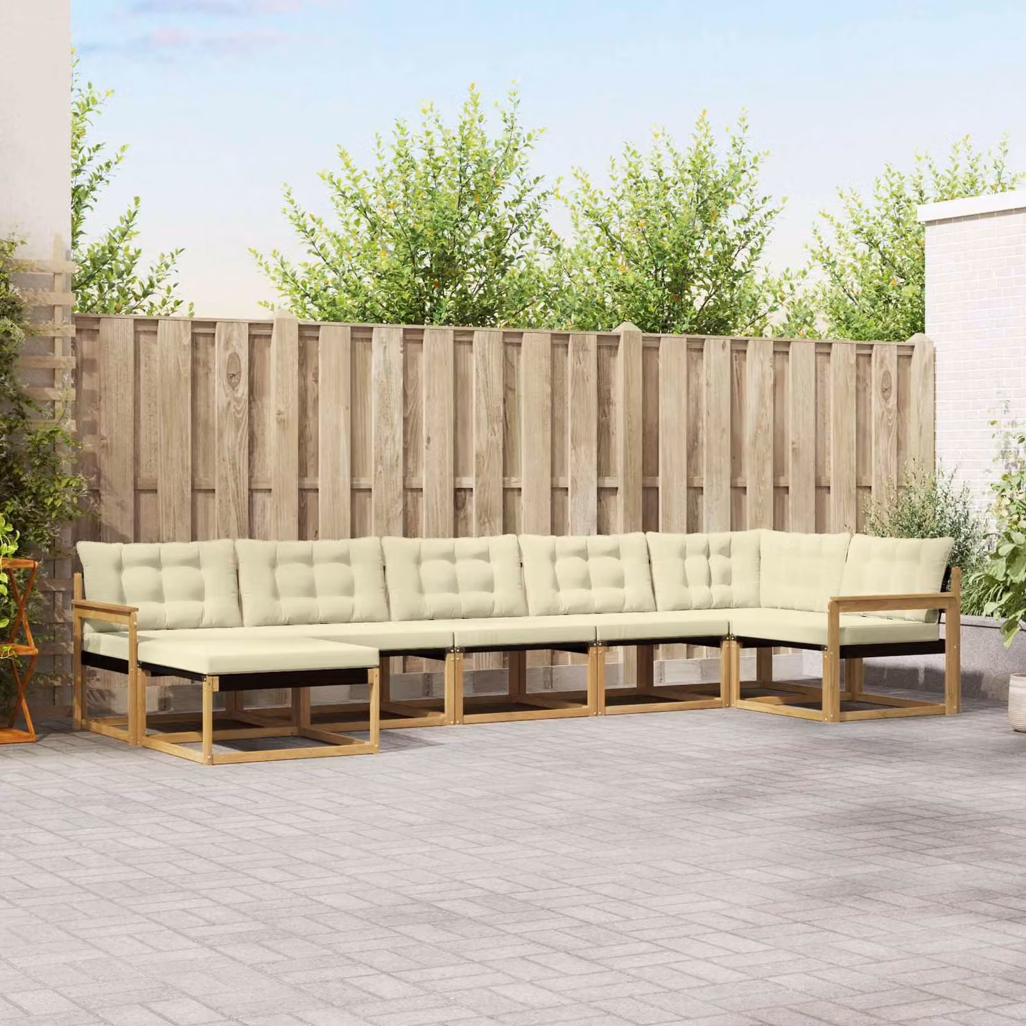Set di divani da esterno a L vidaXL in legno di acacia con 7 pezzi, colore bianco e beige