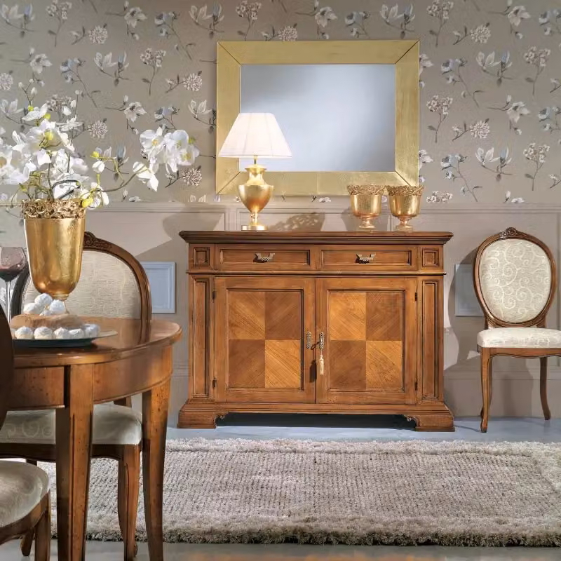 Credenza classica Bassano Segreto in legno con 2 porte e 2 cassetti, colore marrone, L: 141 cm, P: 48 cm, H: 101 cm - Mobili 2G – 3