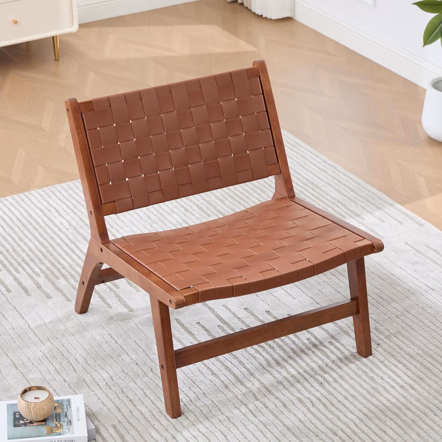 Sedia da esterno MODFU, sedia da cucina con seduta intrecciata, sedie da pranzo in legno, poltrona da salotto compatta senza braccioli, ideale per il soggiorno e l'angolo lettura, colore marrone