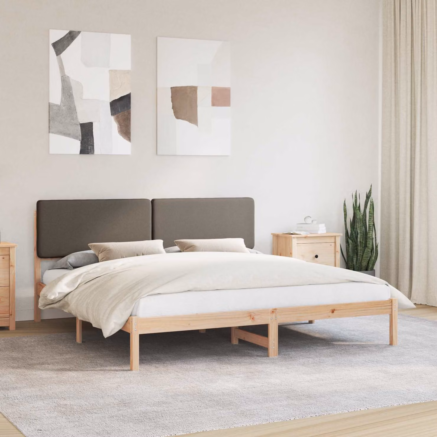Letto con Testiera Rivestita in Tessuto vidaXL in Pino Massello, L/P/H: 180 x 200 x 185,5 cm, Colore Beige/Grigio – 1
