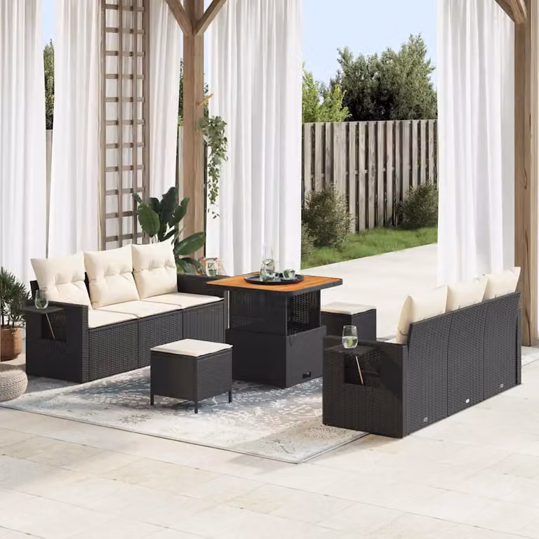 Set Divano da Giardino vidaXL 9 Pezzi con Cuscini Nero e Beige in Acciaio Verniciato a Polvere