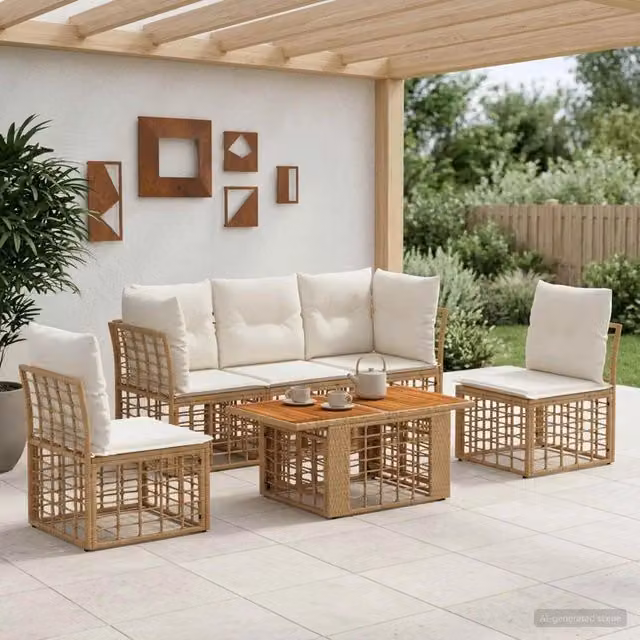 Set Divano da Giardino 6 pz Naturale e Bianco Crema polyrattan 3437844