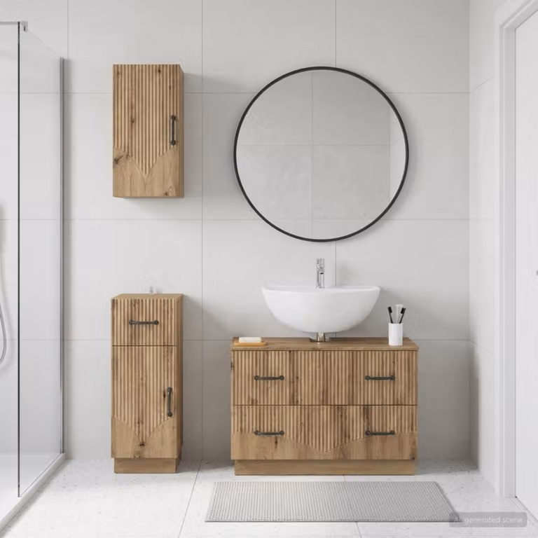 Set di armadietti da bagno vidaXL HOORN in 3 pezzi, Rovere Artigianale Marrone, con mobile lavabo e pensili a parete