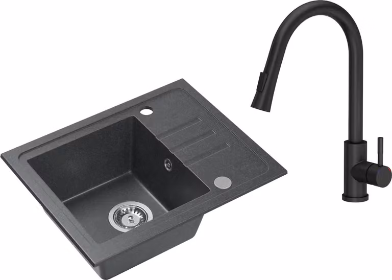 VBChome Lavello in granito nero con rubinetteria 55 x 44 cm Lavello da incasso a vasca singola Macchiettato Reversibile Lavello in granito Sifone Rubinetteria per lavabo