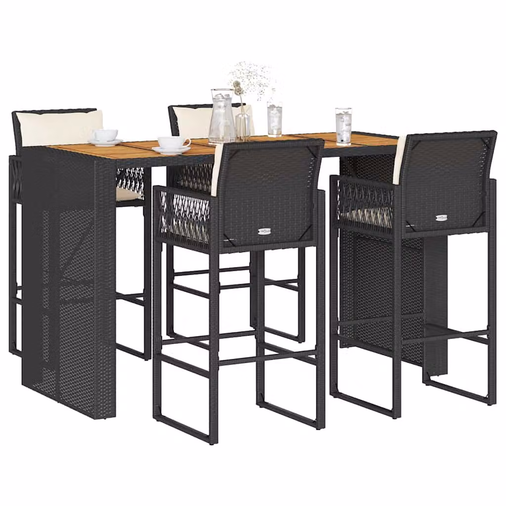 Set Bar da Giardino vidaXL in Polyrattan e Legno di Acacia con 5 Cuscini, Nero e Bianco