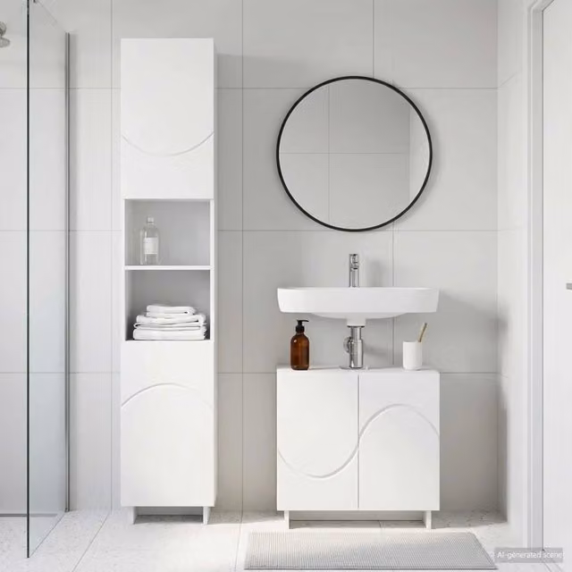 Set mobili da bagno moderno vidaXL composto da mobile sottolavabo e colonna alta in MDF bianco opaco L/P/H: 60,0 x 41,47 x 85,0 cm e H 180,0 x L 41,0 x P 41,0 cm