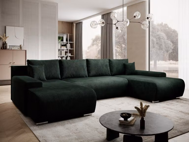 Divano angolare a U Moebelfest Credo, CORD - tessuto con funzione letto e rete, divano a U verde scuro