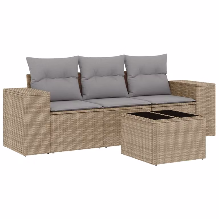 Set Divano da Giardino 4 pz con Cuscini Beige in Polyrattan