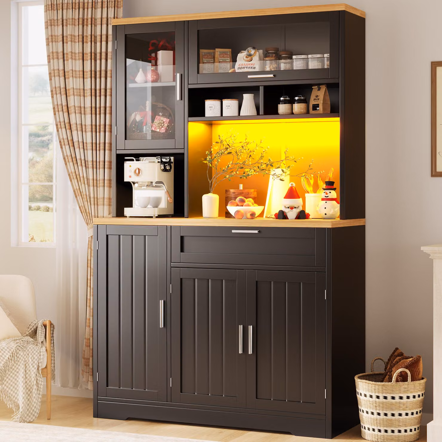 Mobile alto Flieks con illuminazione a LED, 104x40x180 cm, per cucina e soggiorno, mobile alto, nero