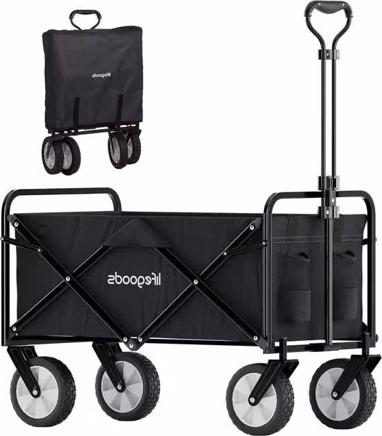 Carrello pieghevole per bambini - Carrello pieghevole per giardino e spiaggia - Carrello per trasportare fino a 80 kg - 94 litri - 98 x 45 cm - Nero Carrello